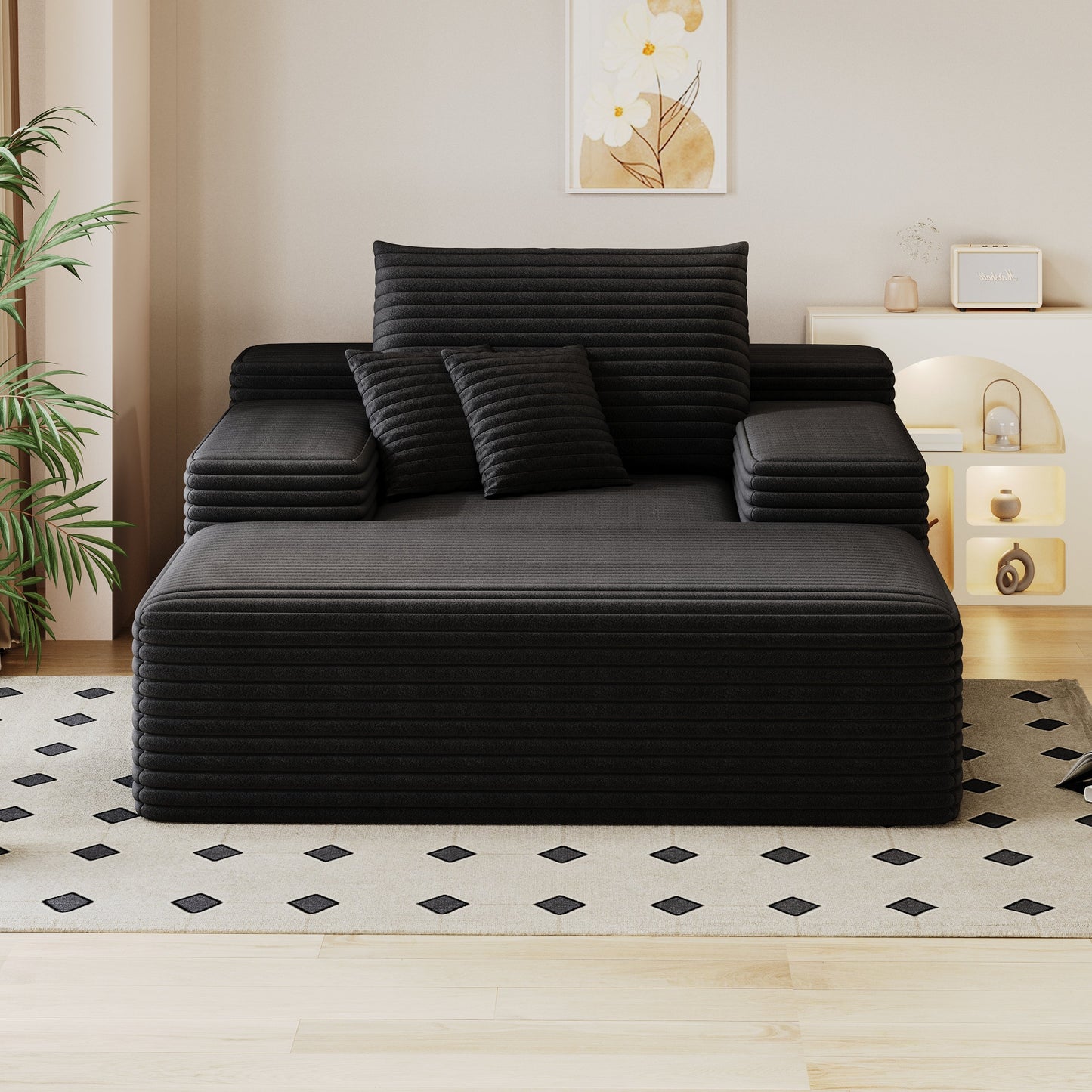 NEW Modern Black Plush Corduroy Fabric Sofa Bed Lounger