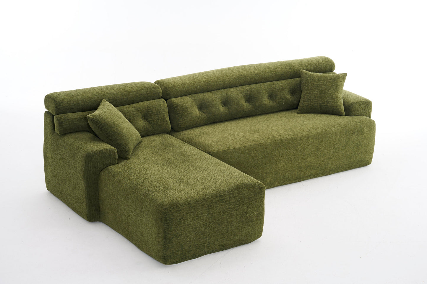 NEW 105' Modula Compression Sponge L-Shaped, Chesterfield-Inspired Design, No-Assembly Chenille Couch, 30D High-Density for Living Room, Bedroom, Apartment.Green.