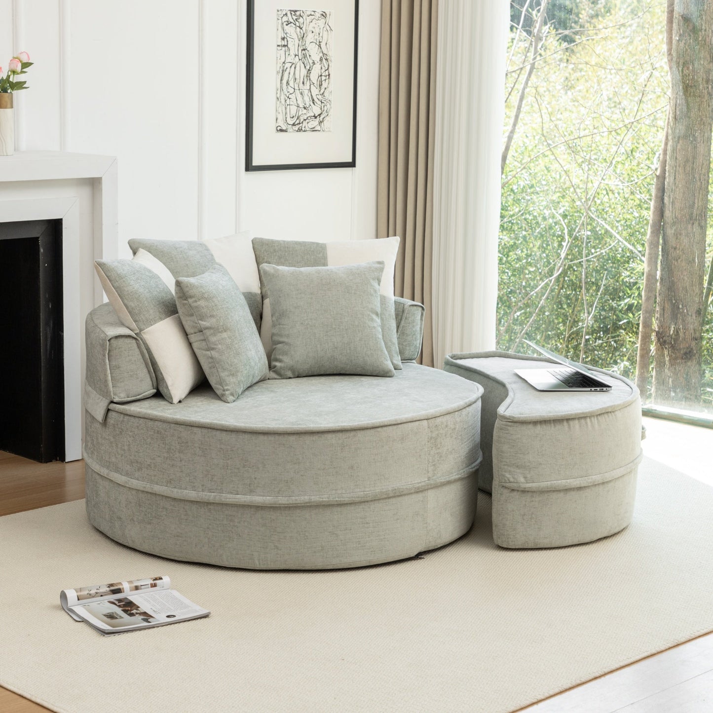 NEW Modern Oversized Blue Round Barrel Accent Chair with Ottoman - Velvet Upholstered Lounge Armchair with 5 Pillows for Living Room or Bedroom