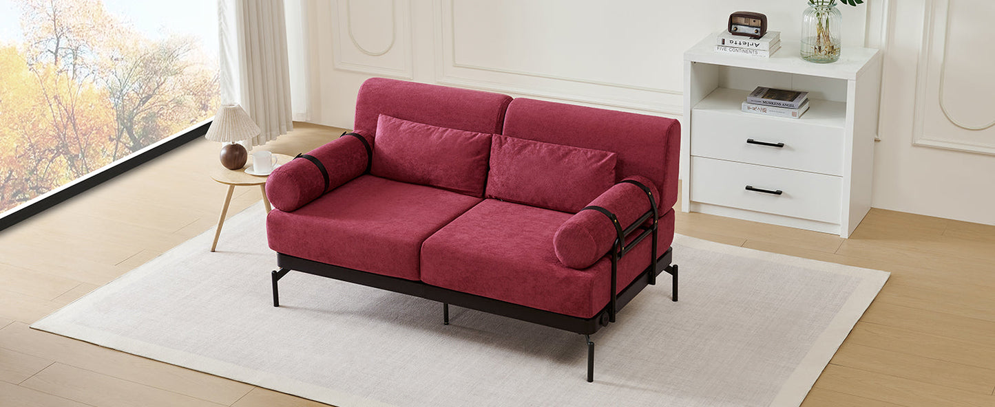 NEW Modern Red Chenille Loveseat 59' Sofa Couch 2-Seater with USB Ports Unique Cylindrical Armrests