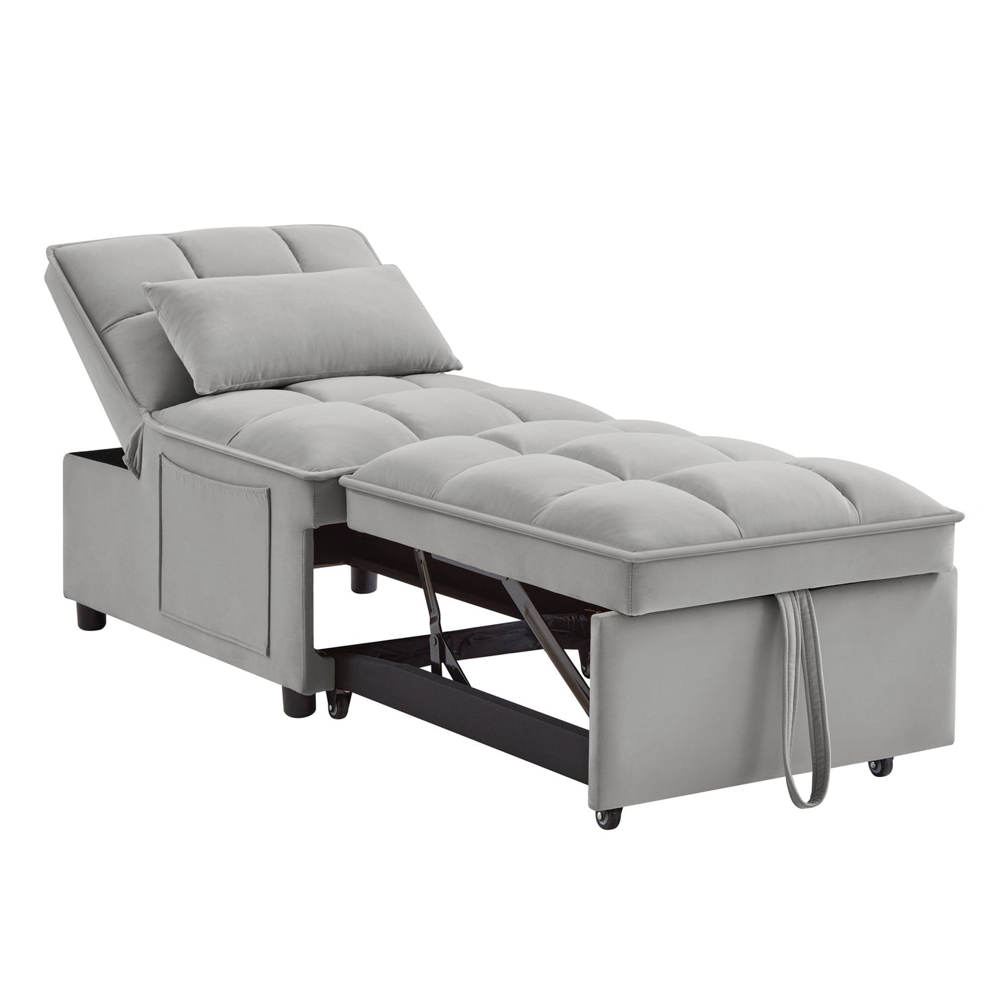 NEW 4 in 1 Multi-Function Grey Tufted Single Convertible Chaise Lounge Pull-Out Sofa Bed with Storage Pockets with Adjustable Backrest and Pillows