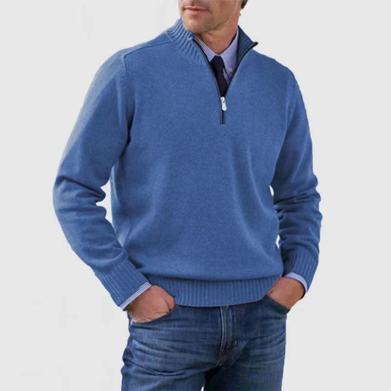 New Men's Stand Collar Zipper Sweater Winter Fashion Solid Color Long Sleeve Knitted Top Clothing