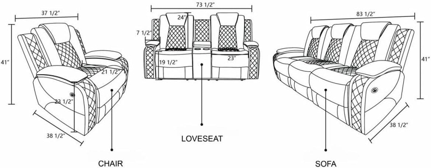 NEW Electric Power Recliner Sofa Black With USB Charging Ports