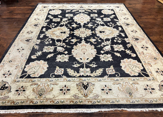 USED Indo Mahal Rug 8x10, Black and Beige, Vintage Rug 8 x 10 ft, Floral, Handmade Wool Carpet