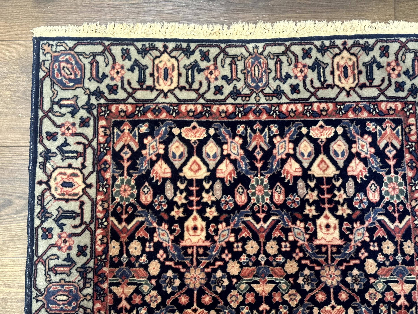 USED Indo Persian Runner Rug 2.8 x 12, Navy Blue, Floral, Fine 270 KPSI