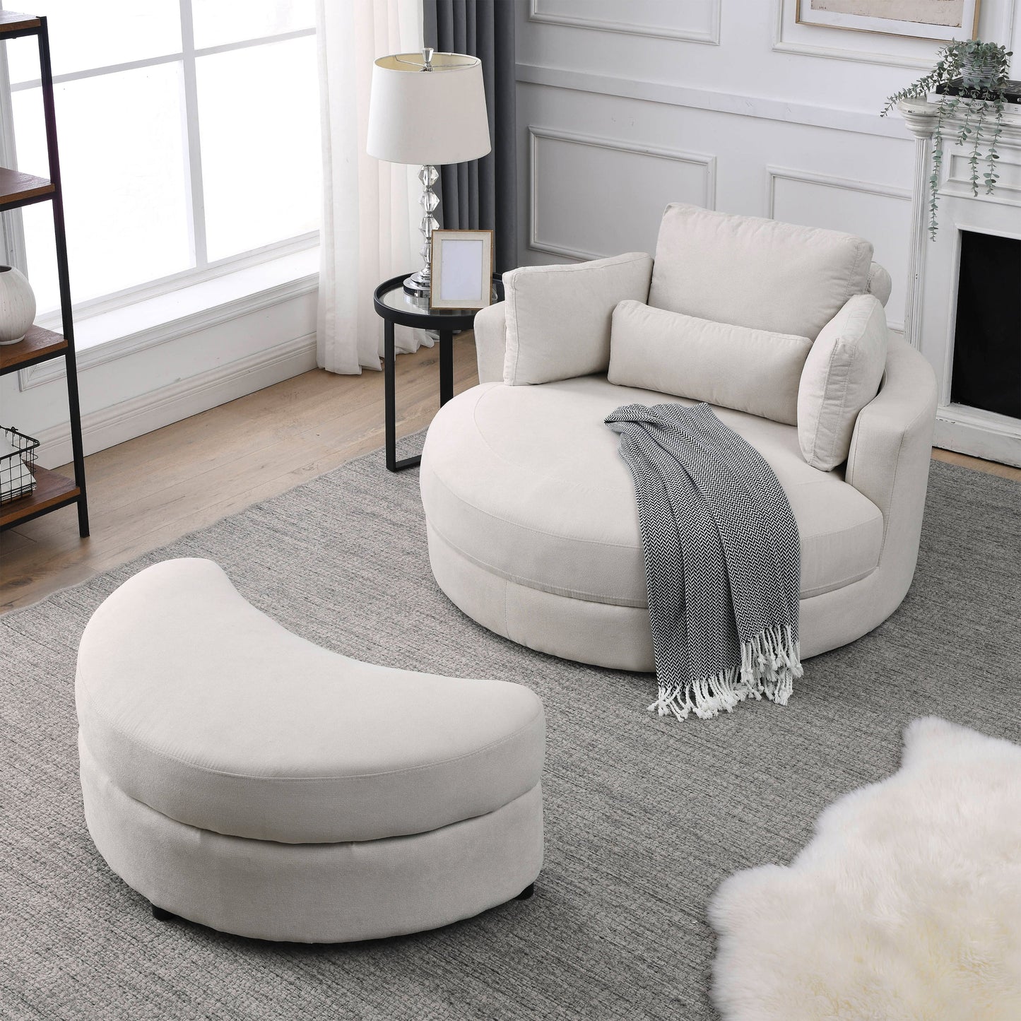 NEW Welike Linen Fabric Swivel Accent Barrel Modern Sofa Lounge Club Big Round Chair with Storage Ottoman and Pillows