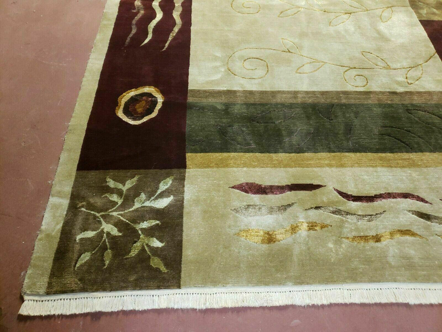 USED 6' X 9' Modern Handmade Tibetan Nepal Wool & Silk Rug Decorative Abstract Gold