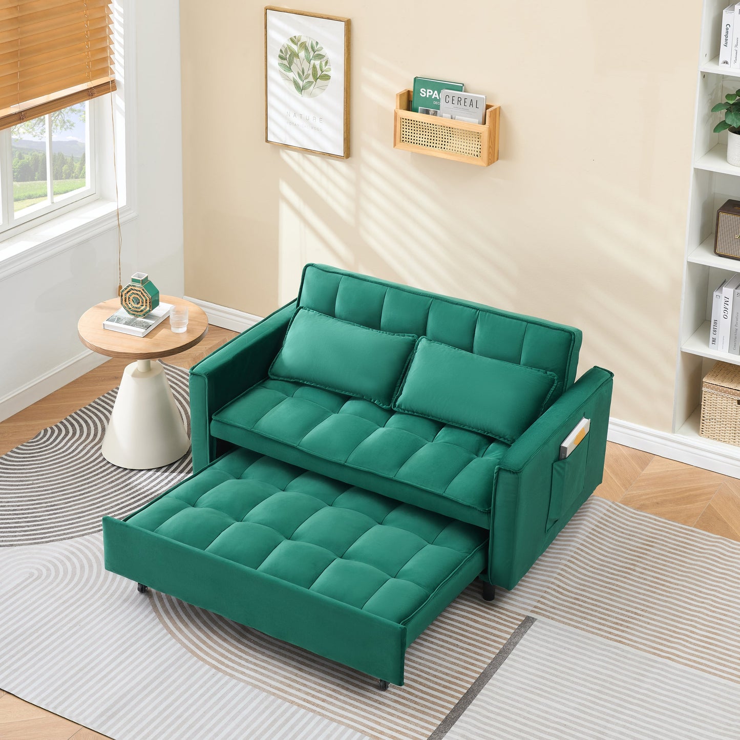 NEW 55-inch Green velvet sofa bed, elegant and convenient, with storage pockets, cleverly interpreting the three-in-one conversion