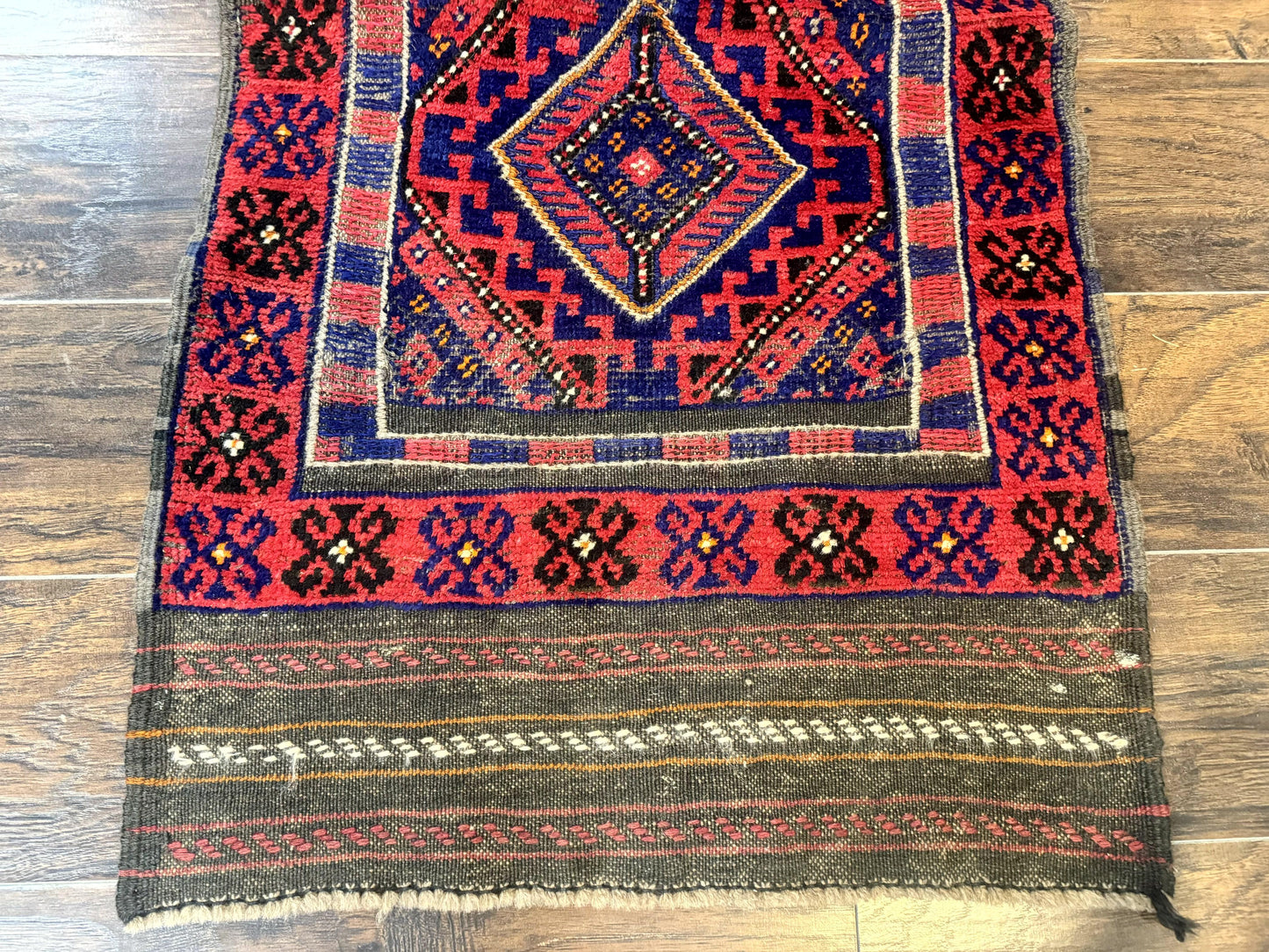 USED Turkoman Runner Rug 2 x 8.6, Skinny Runner, Handmade Wool Carpet for Hallway, Red and Blue, Wool, Vintage 8ft Runner