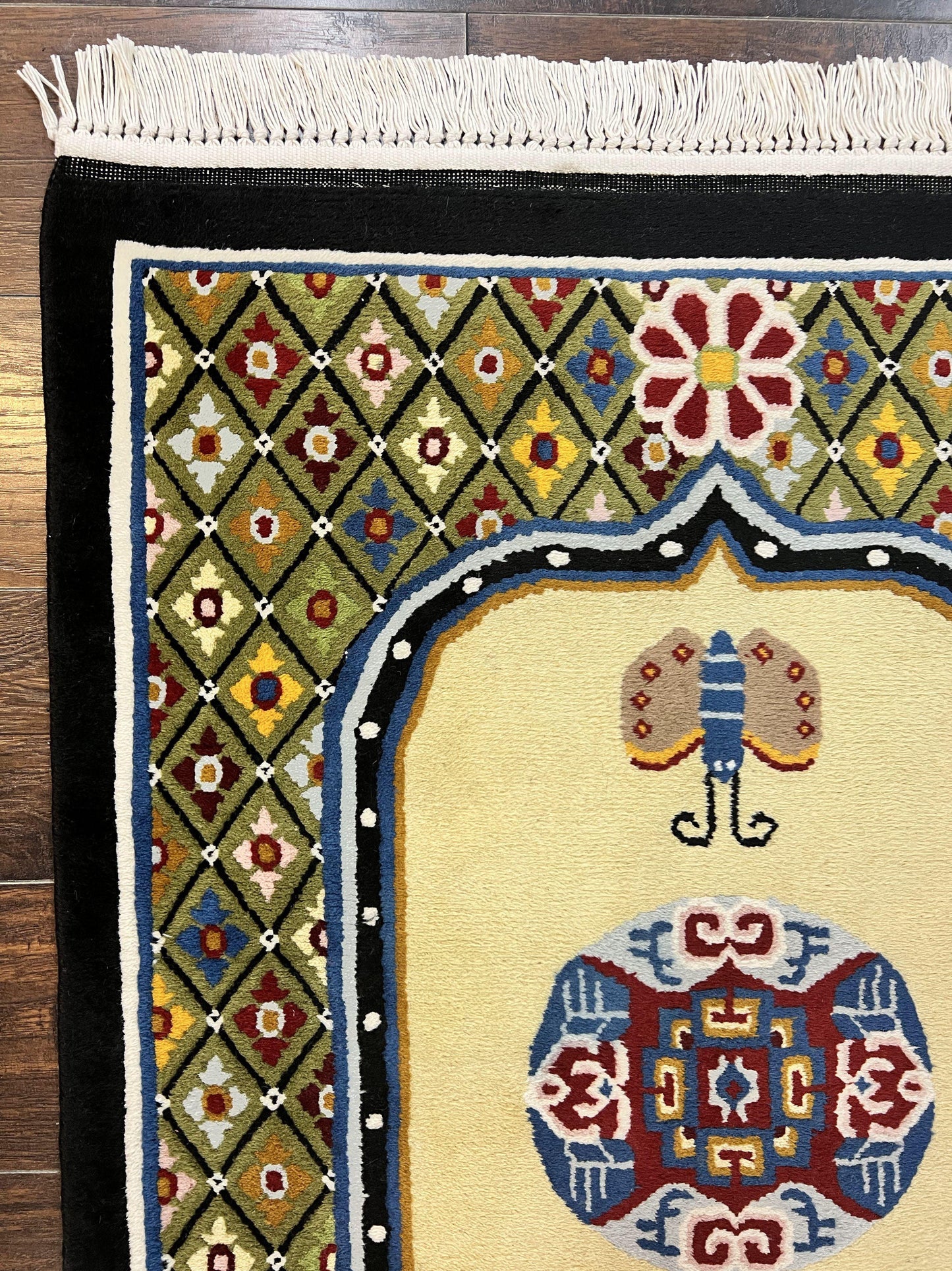 USED Chinese Rug 3x6 ft, Chinese Wool Rug, Tiensin Rug, Handmade Wool 3 x 6 Vintage Peking Rug, Art Deco Rug, Butterflies