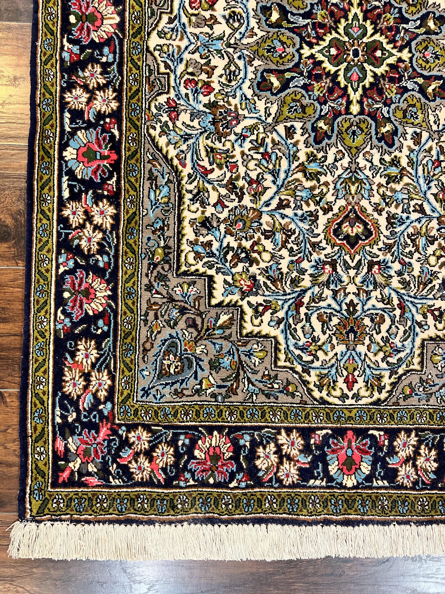 USED Persian Qum Rug 3x5, Wool with Silk Highlights, Handmade Semi Antique Carpet, Ivory & Navy Blue, Floral Medallion, Finely Hand Knotted