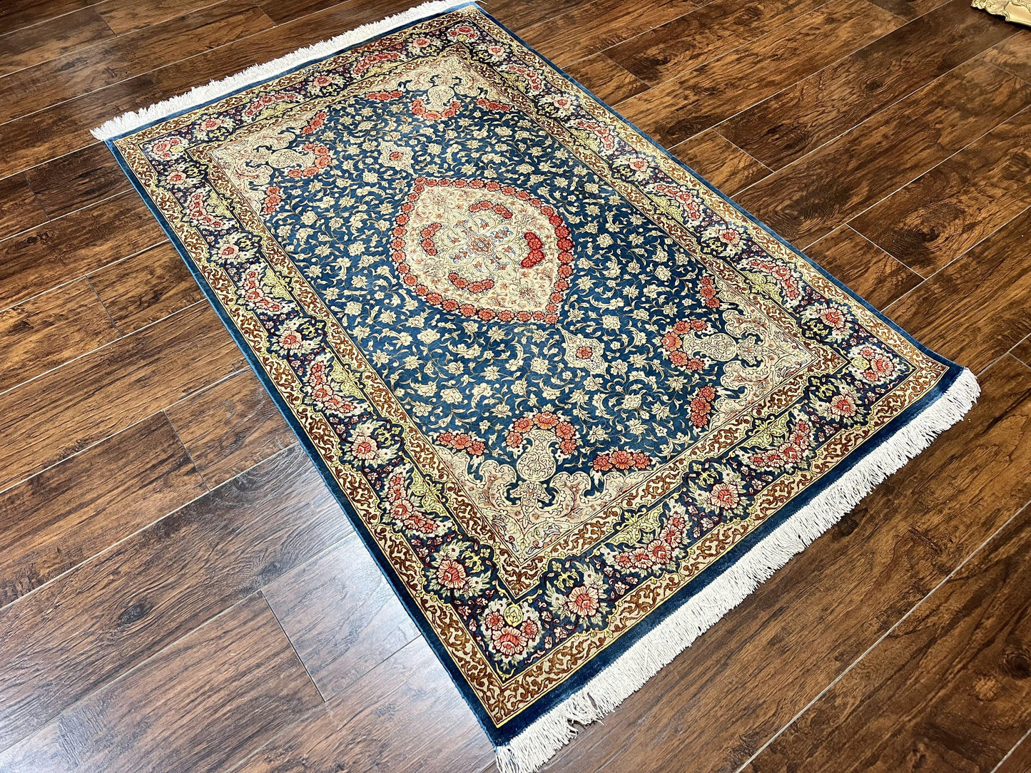 USED Magnificent Persian Qum Silk Rug 3x5, Blue, Super Fine 675 KPSI - 70 Raj, Floral Roses, Handmade Vintage Silk Carpet, Masterpiece