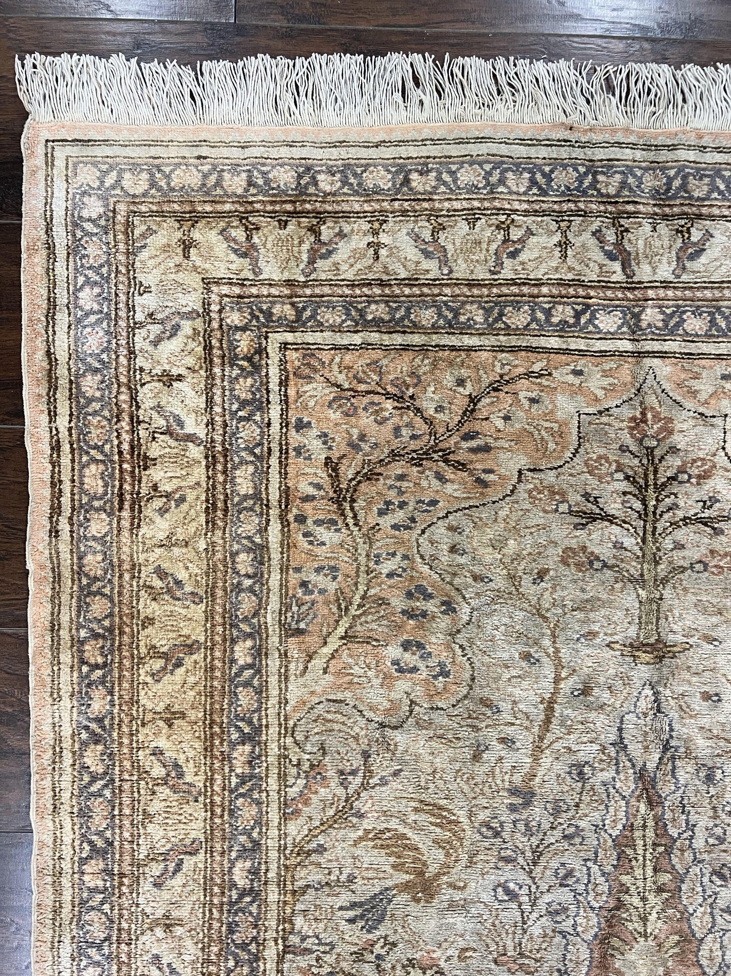 USED Turkish Kayseri Silk Rug 4x6, Tree of Life Pattern, Vintage Handmade Hand Knotted Carpet, Animal Pictorials, Birds