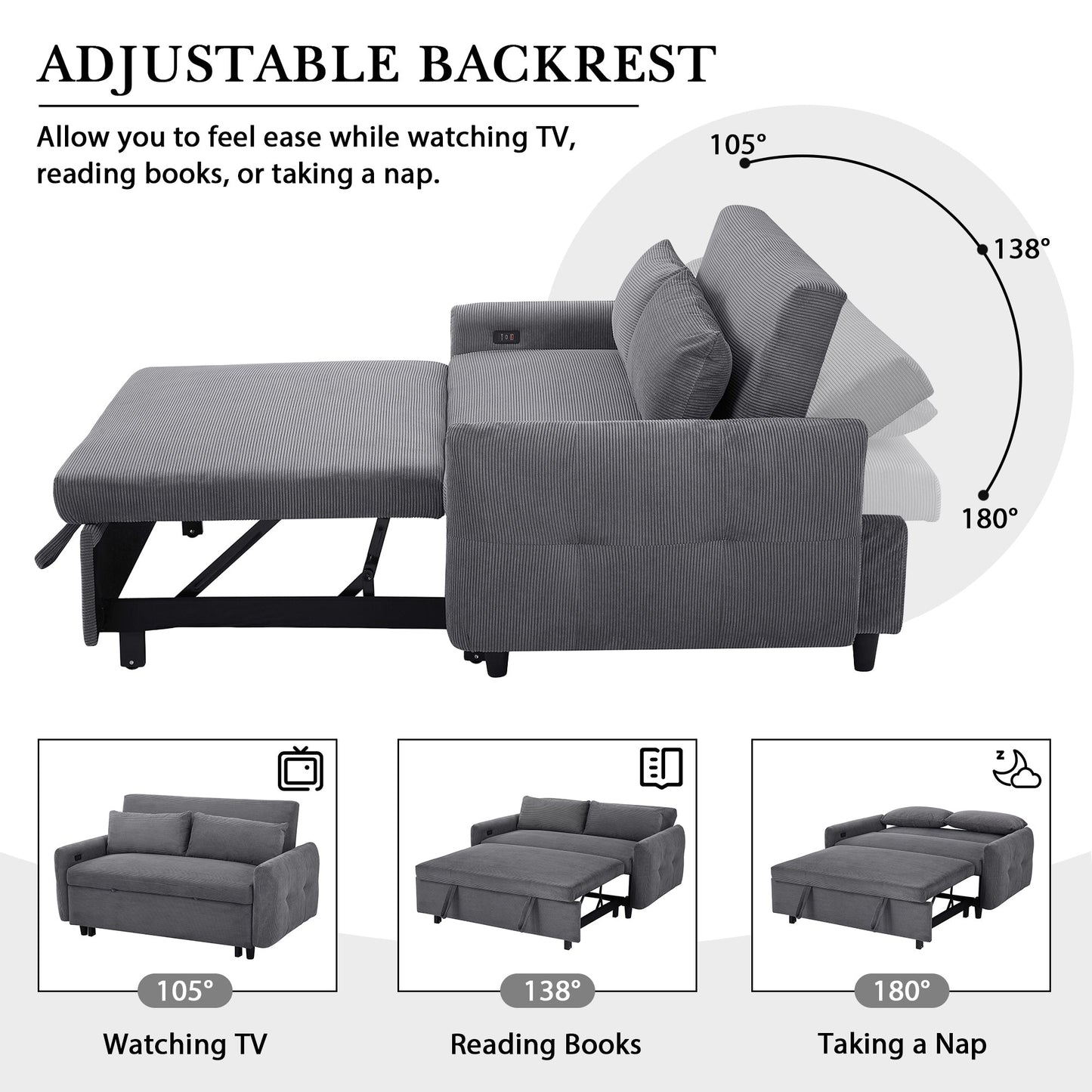 NEW 54.5’ Dark Grey Corduroy Modern Convertible Pull-out Sofa Bed
