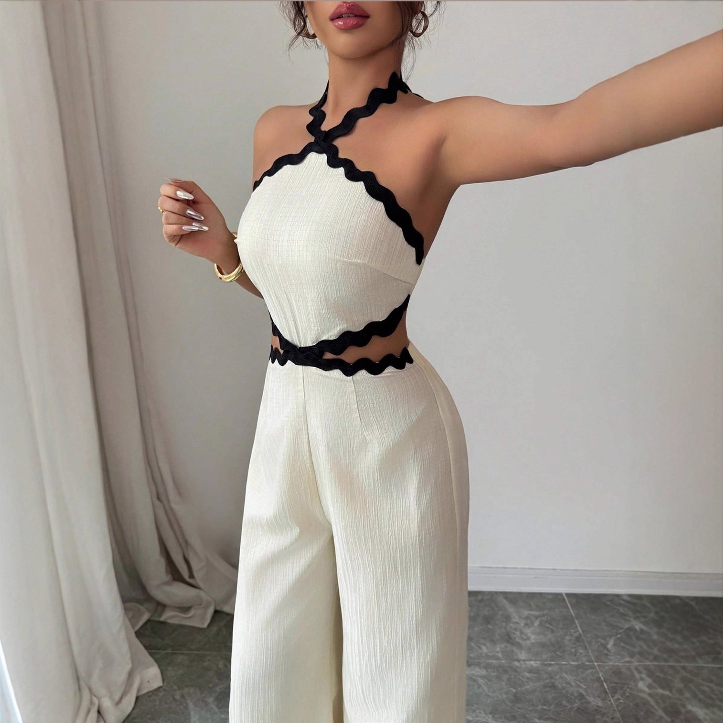 New Women's Fashionable Wave Lace Texture Halter Stitching Hollow-out Jumpsuit