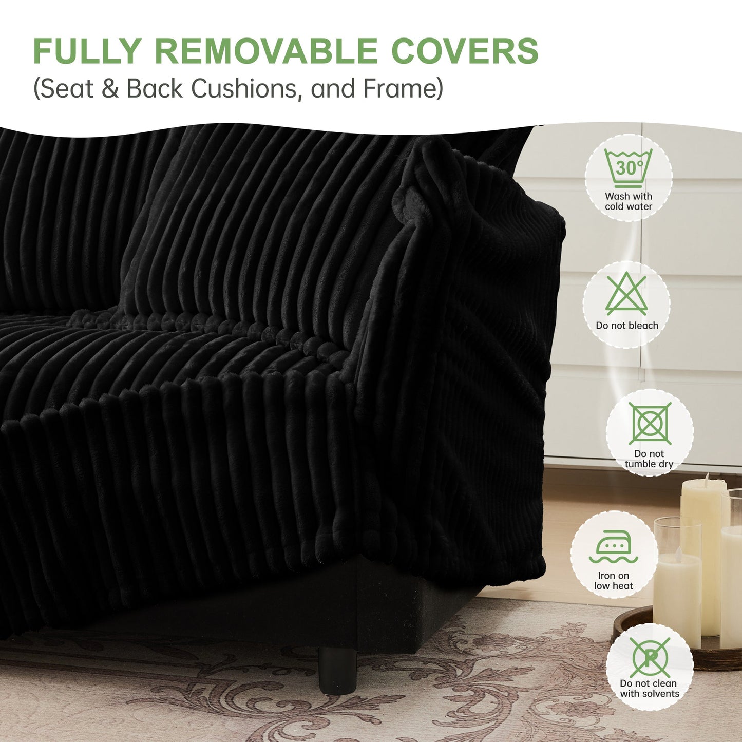 NEW Slip-covered Armchair with 1 Big Back Cushion and 2 Big Toss Pillows, Single Deep Seat Comfy Single Couch Sofa Multiple Large Soft Pillows, Black Corduroy Fabric