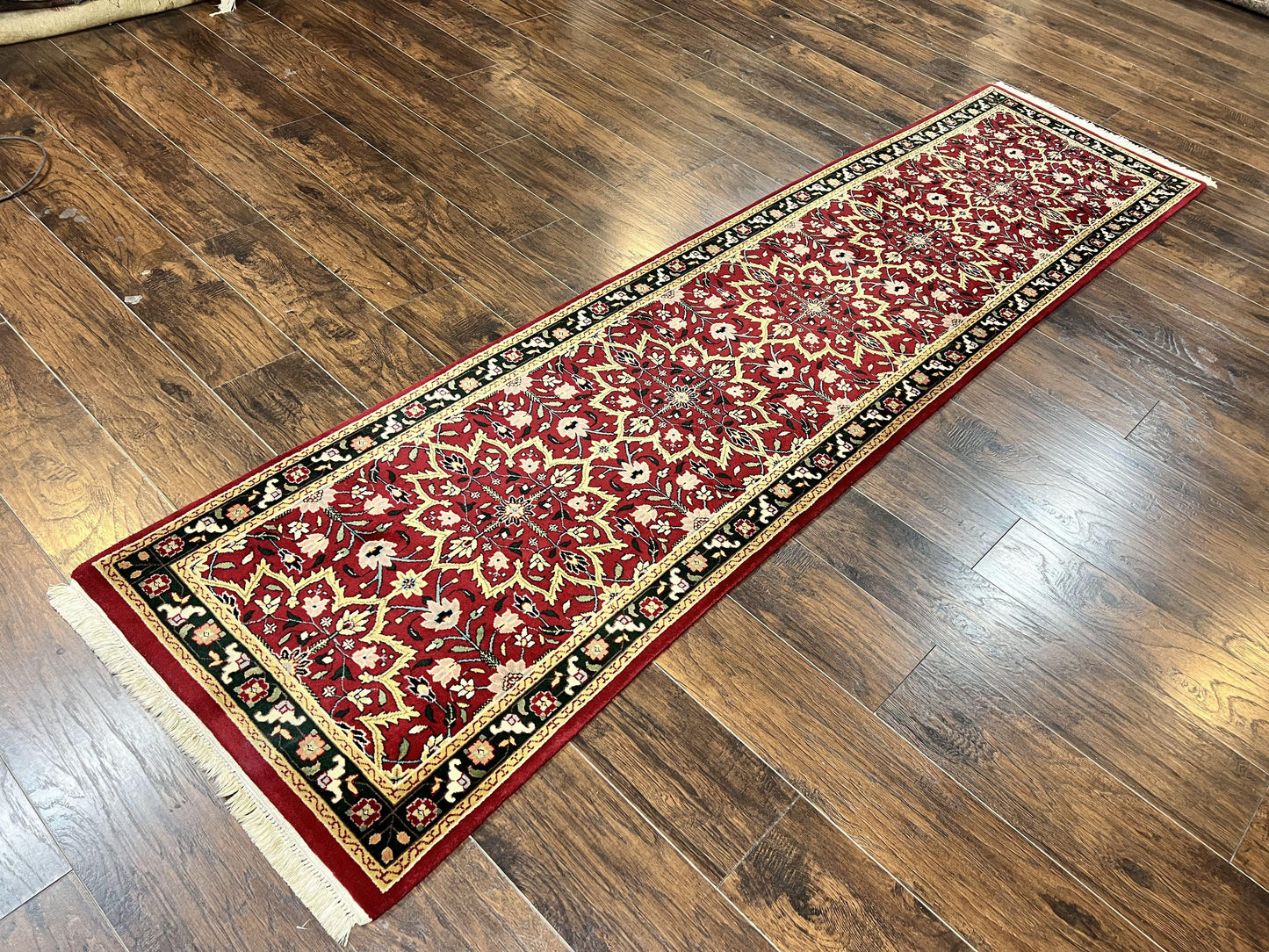 USED Indo Persian Runner Rug 2.6 x 10, Floral Hand Knotted Wool Hallway Rug, Red