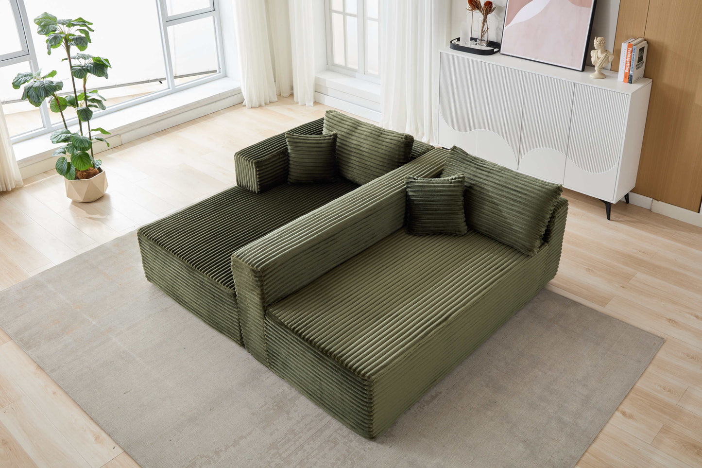NEW Compression Sectional Couch with Comfy Chaise, Boneless L Shape Sofa with Deep Seat, Minimalist Modular Couches Sleeper for Living Room Bedroom Apartment Lounge,corduroy,Green