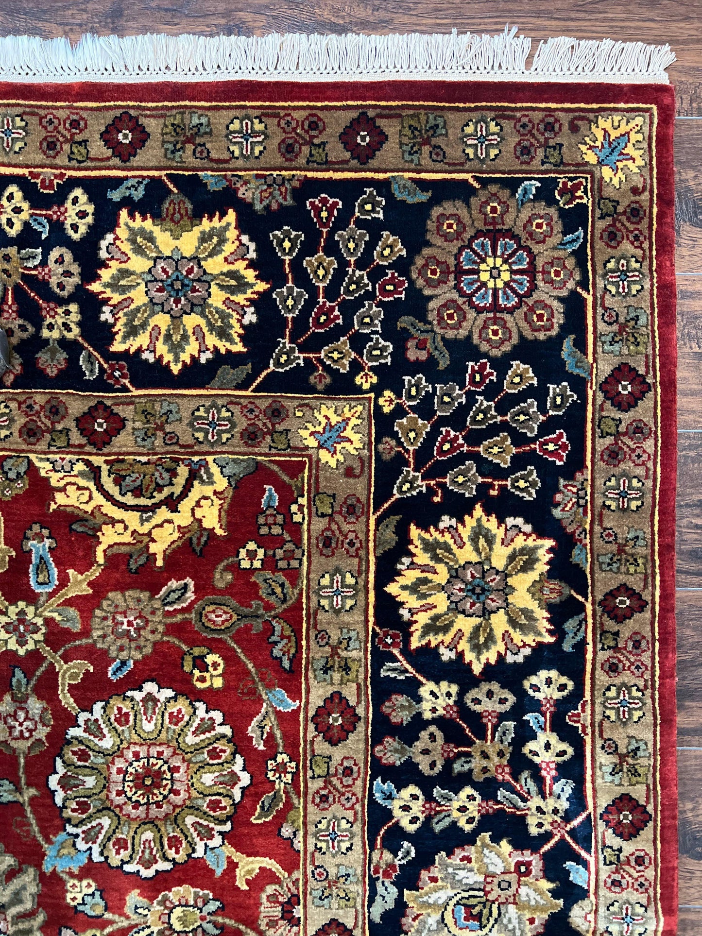 USED Indo Persian Rug 9x12, Hand Knotted Traditional Indian Wool Oriental Carpet 9 x 12 ft, Maroon and Navy Blue, Floral Allover 9x12 Vintage Rug