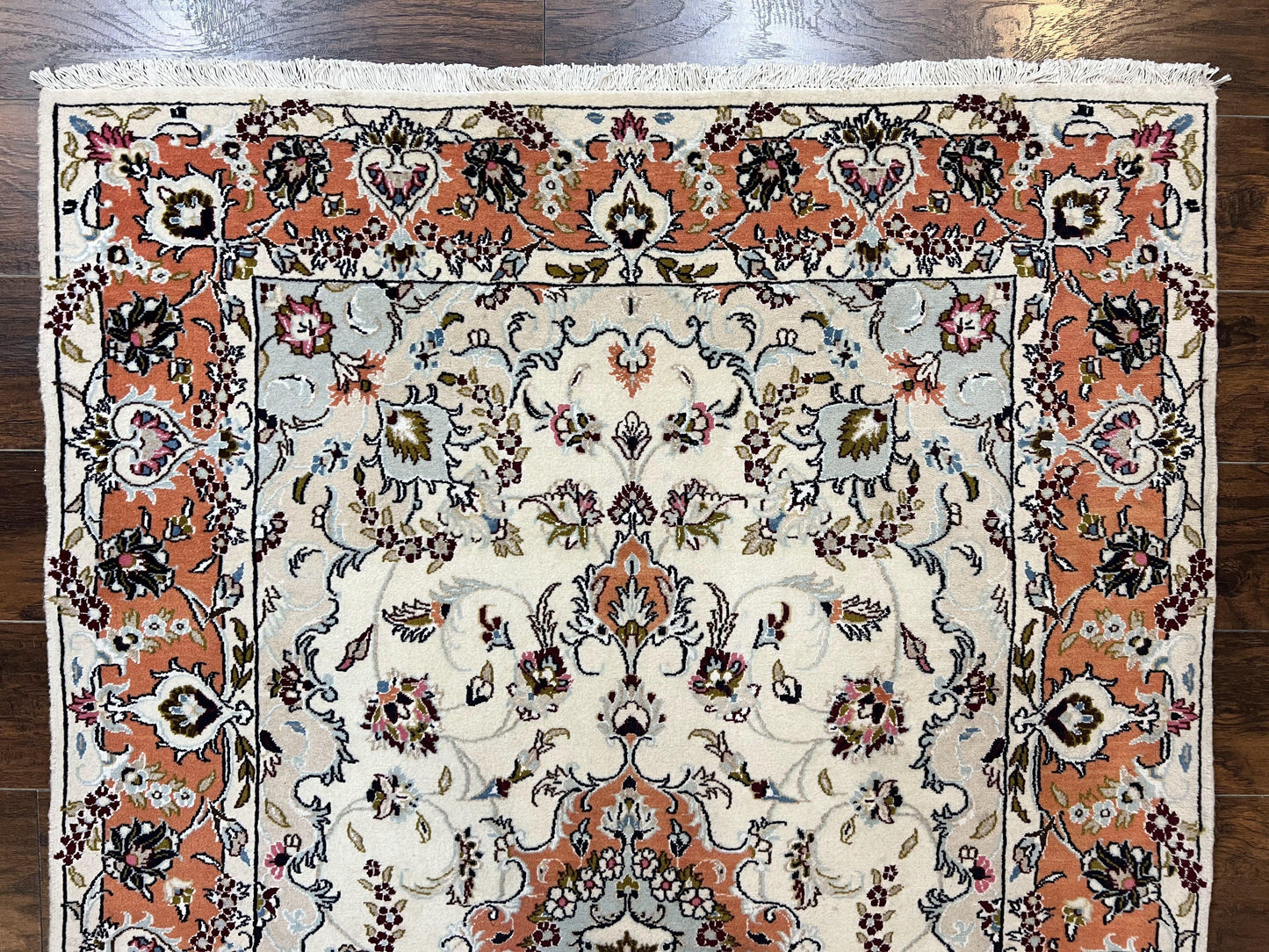 USED Persian Tabriz Rug 4.5  x 6.8, Finely Hand Knotted Wool with Silk Highlights Vintage Oriental Carpet, Cream and Salmon, High KPSI, Floral Medallion