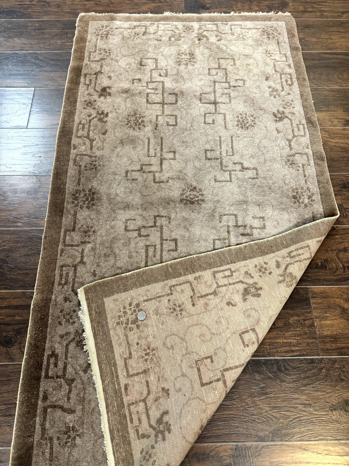 USED Antique Chinese Fette Rug 3x6, Taupe, Handmade Wool Chinese Carpet