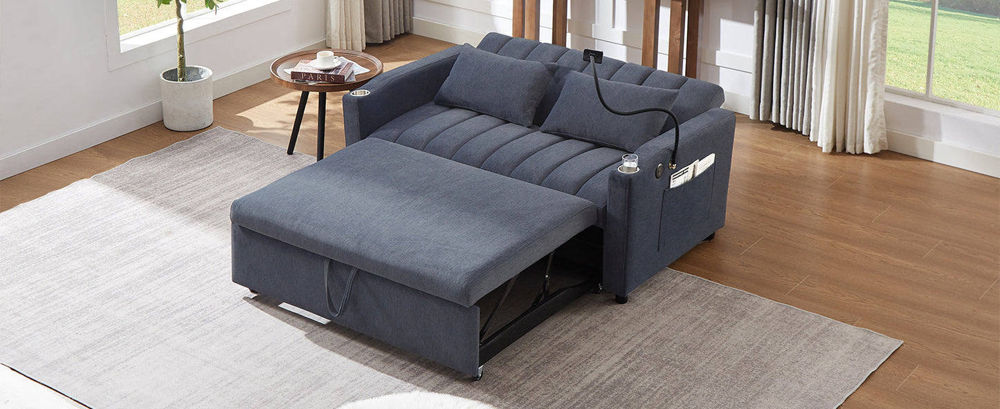 NEW Convertible Sofa Bed Loveseat with USB Ports, Side Pockets, Cup Holders, and Phone Holder in Blue Grey Bella Fabric, 55.9'