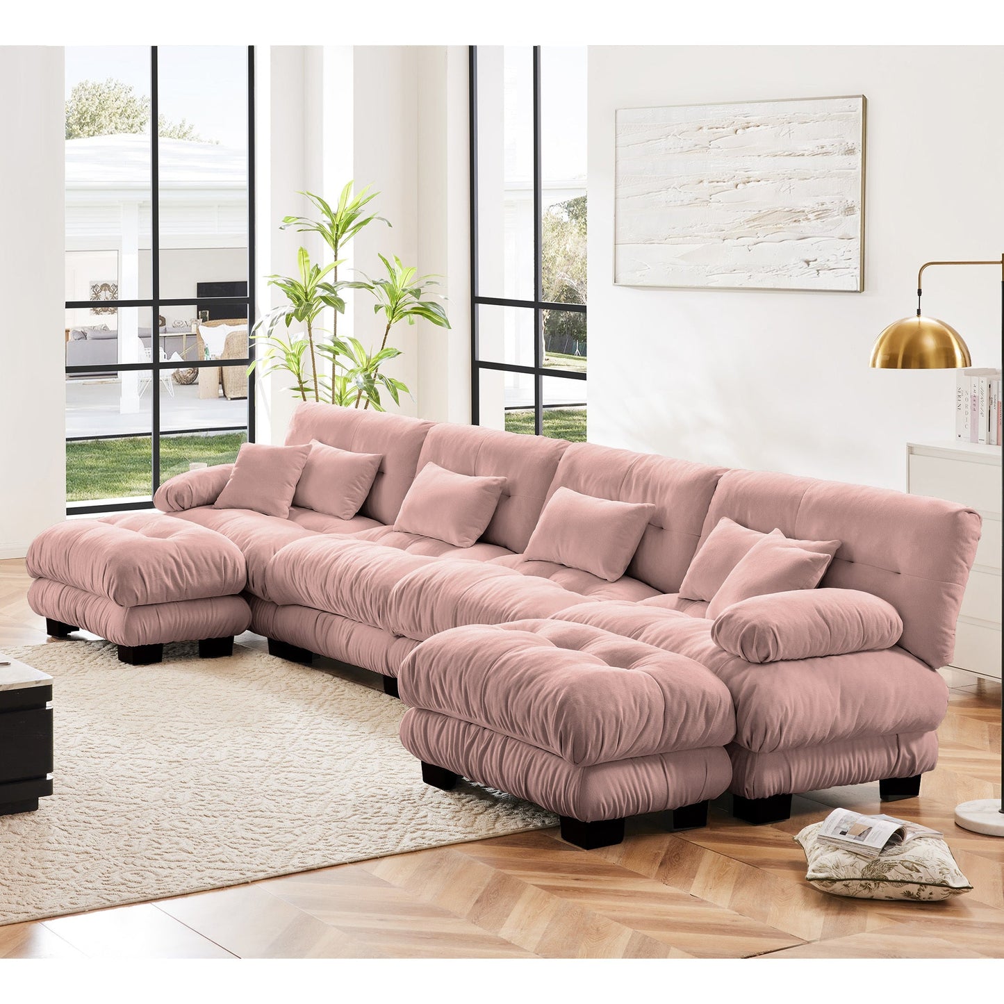 NEW Pink Chenille Free Combination Modular Sectional U Shaped Sofa Comfy Four Seater Couch with 2 Ottomans