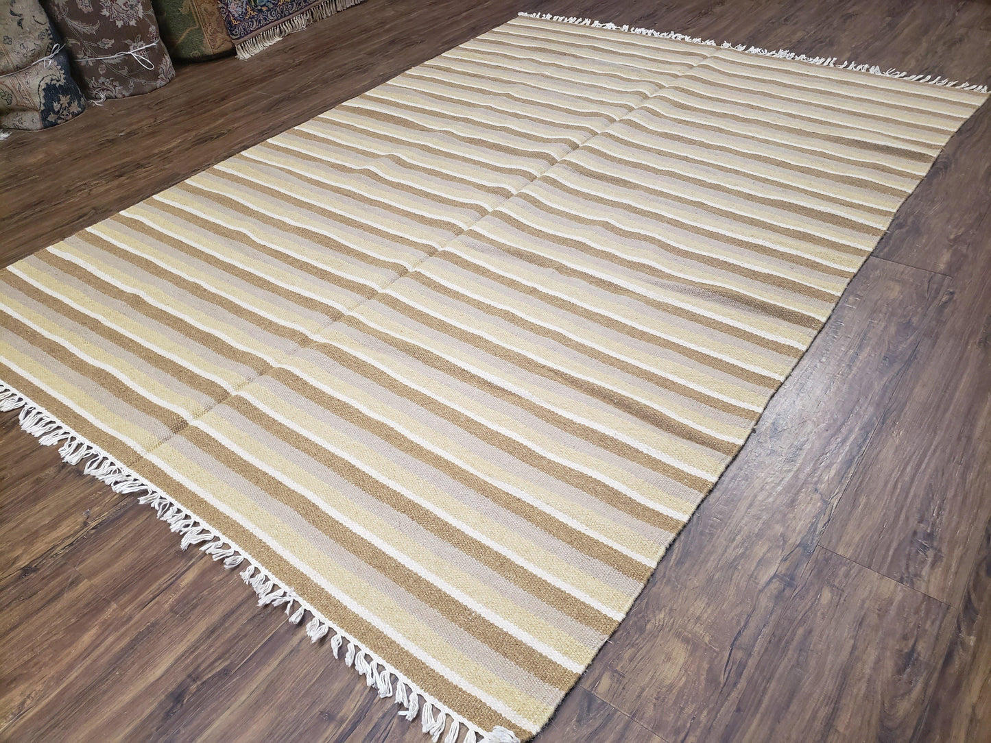 USED New Indian Striped Blanket, Multicolor Earthern Tones Kilim Rug, Wool Handmade South American Style Blanket, Queen Sized Bedspread 5x8 - 6x8