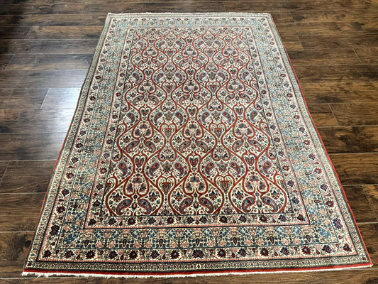 USED Unique Persian Qum Rug 5x7, Repeated Paisely Boteh Design, Ivory Red Blue, Handmade Antique Wool Persian Carpet, Finely Hand Knotted