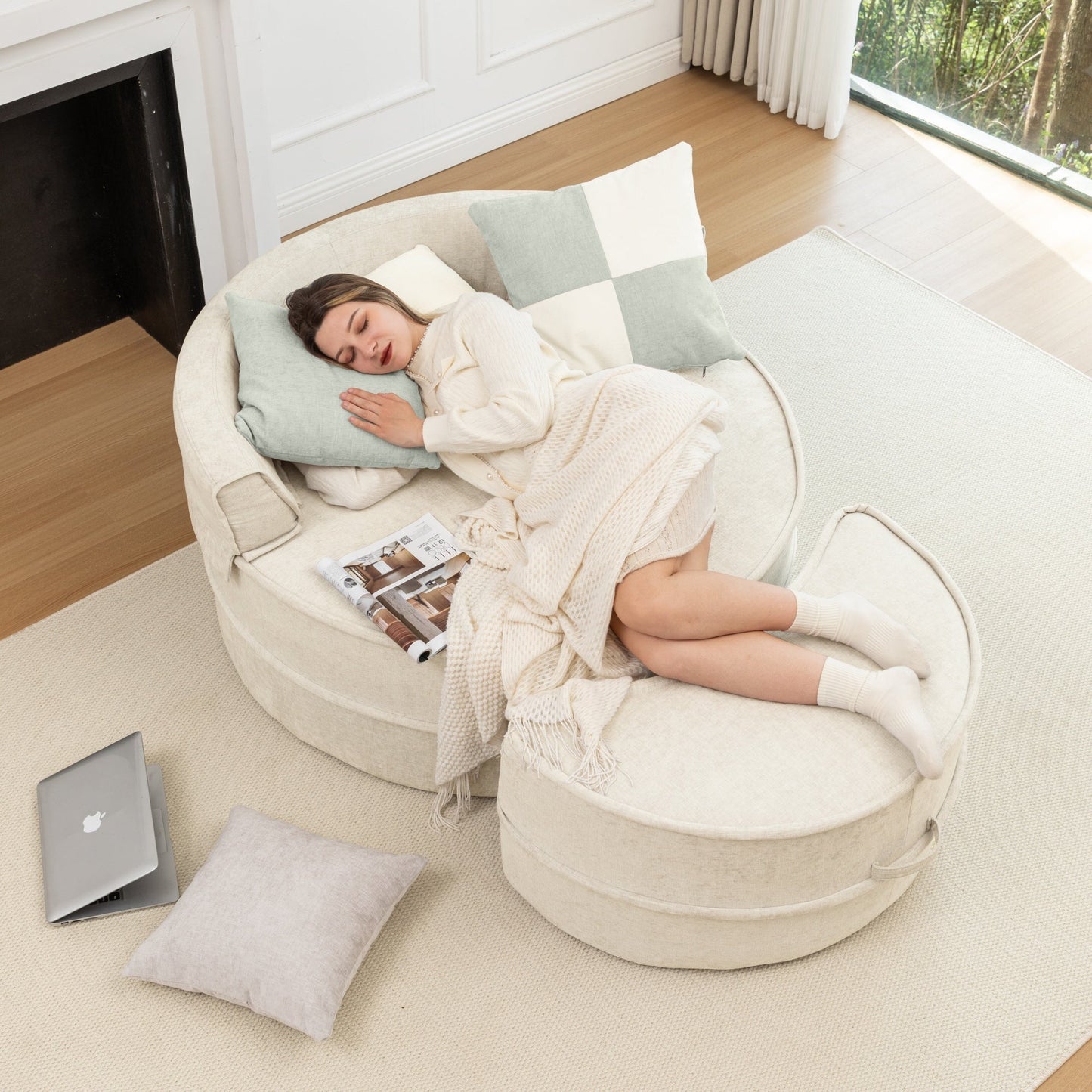 NEW Modern Oversized Beige Round Barrel Velvet Upholstered Lounge Armchair Accent Chair with Ottoman and 5 Pillows