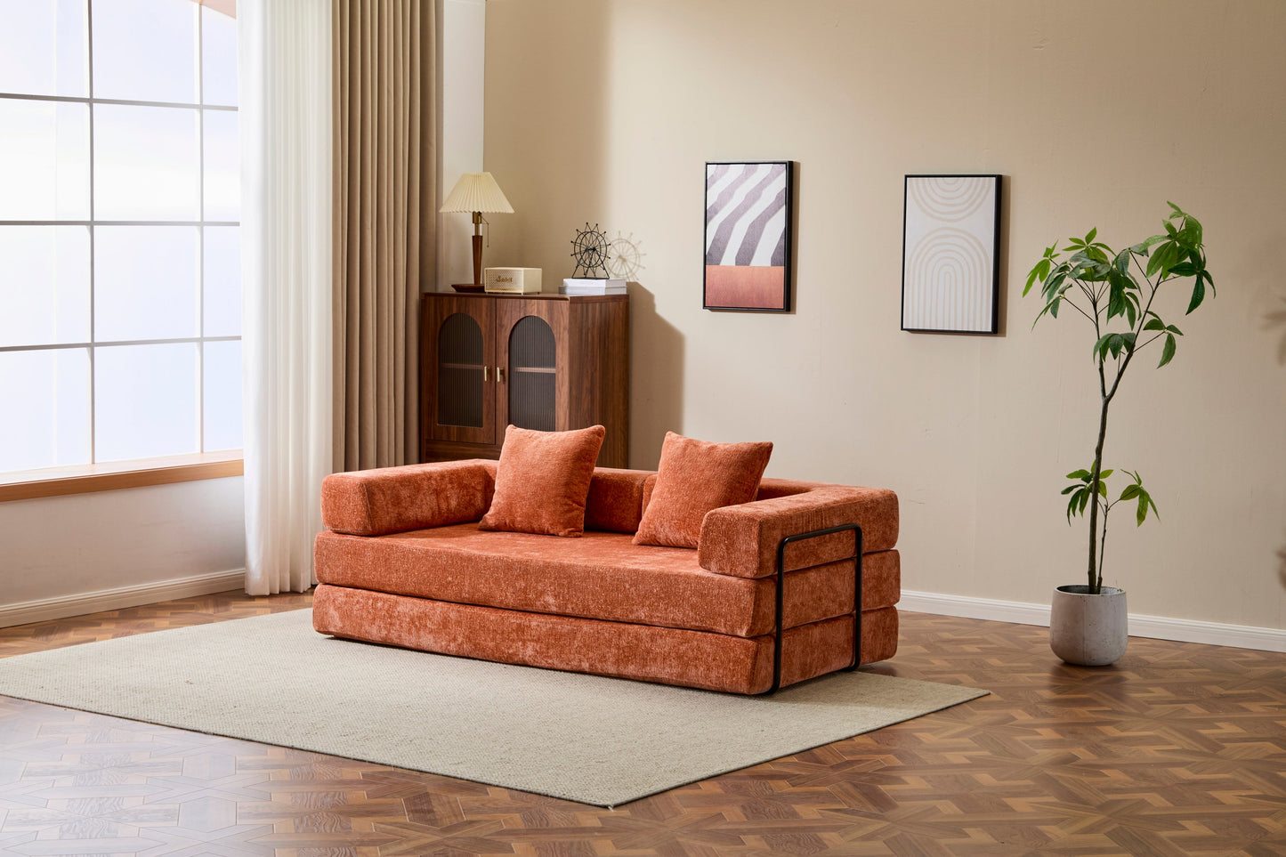 NEW Orange Chenille Fabric Comfy Futon Couch Lounge Sleeper Compression Convertible Floor Sofa Bed Couch with Pillow Back Support Armrest Bed