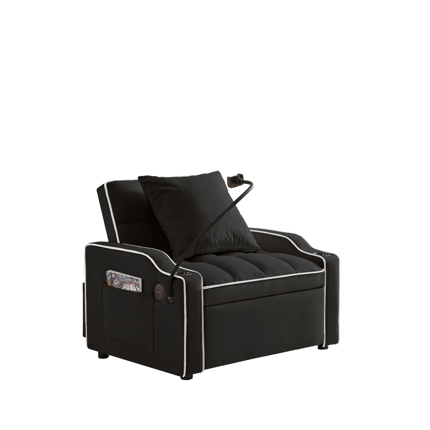 NEW Black Velvet Convertible 3-in-1 Sofa Bed with Multi-Pockets and Adjustable Sleeper