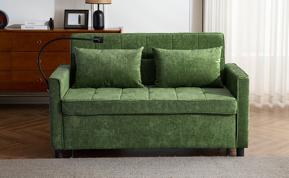NEW 56.9' Convertible Loveseat Sofa Bed with Adjustable Backrest, USB Ports, Phone Holder, Side Pockets, Green Chenille,