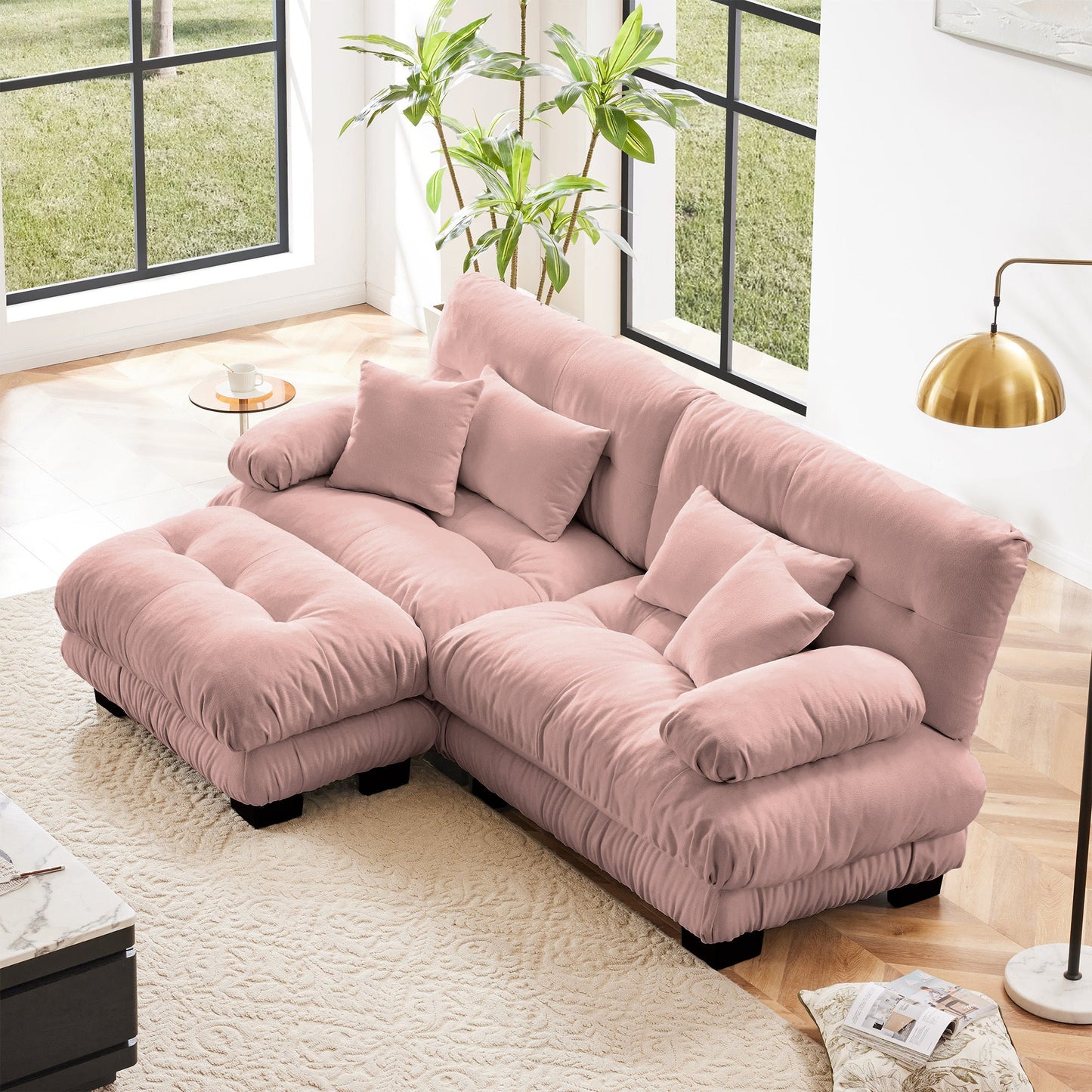 NEW Cloud Couch Sectional Sofa for Living Room, Chenille 2 Seater Sofa with 2 Lumbar pillows and 2 throw pillows , Upholstered Wide Arm Sofa with Convertible Ottoman,Chenille Pink