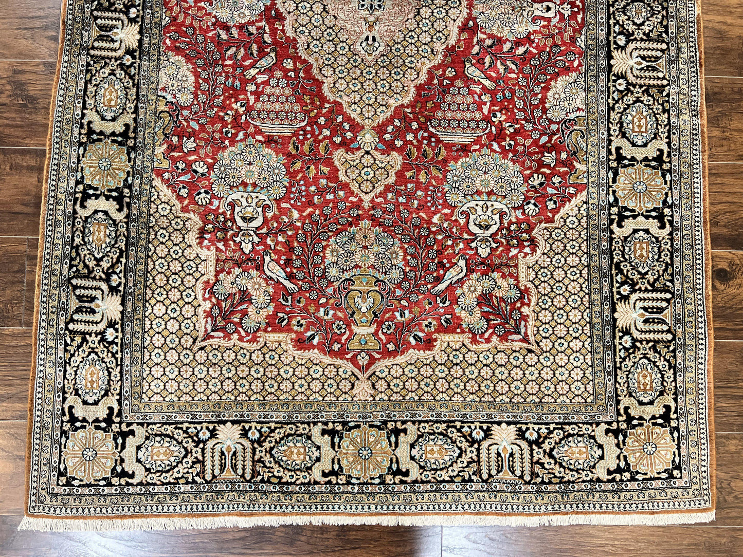 USED Wonderful Persian Silk Rug 5x7, Birds Floral Vases, Red, Hand Knotted Silk Fine Oriental Carpet, Handmade Vintage, Persian Qum Rug, 400 KPSI