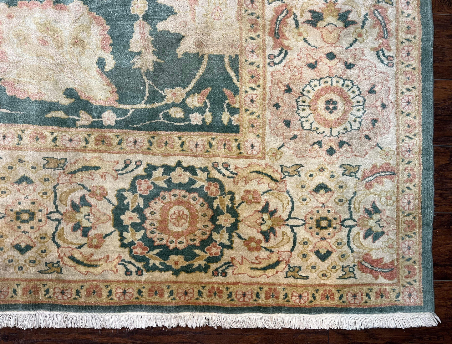 USED Egyptian Mahal Rug 10x14, Large Vintage Floral Hand Knotted Wool Carpet 10 x 14, Dark Green and Beige Traditional Handmade Persian Area Rug