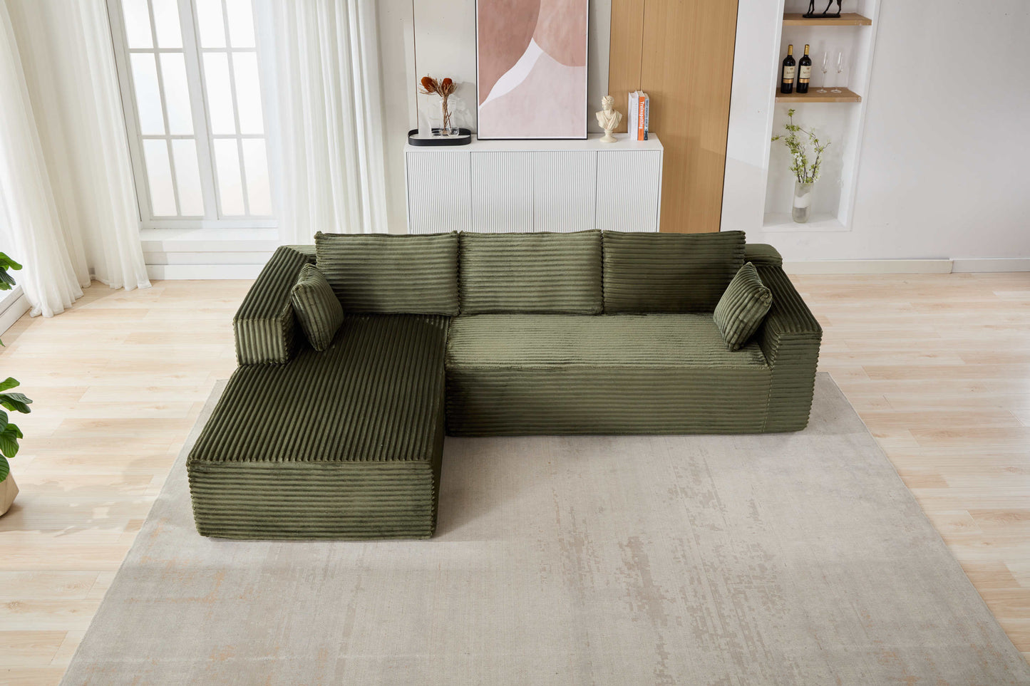 NEW Compression Sectional Couch with Comfy Chaise, Boneless L Shape Sofa with Deep Seat, Minimalist Modular Couches Sleeper for Living Room Bedroom Apartment Lounge,corduroy,Green