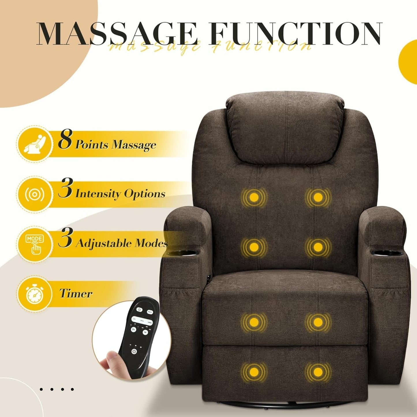 NEW Brown Fabric Recliner Chair With 360 Swivel Massage