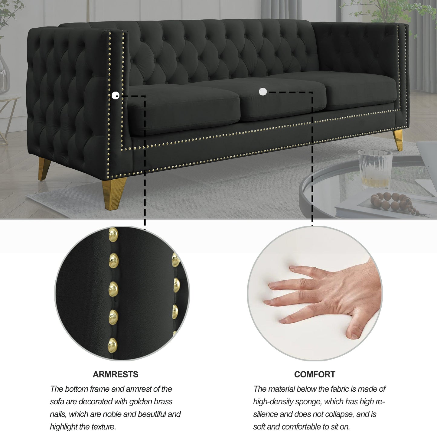 NEW Black Velvet Tufted Button Square Arm Modern Couch Sofa with Metal Legs