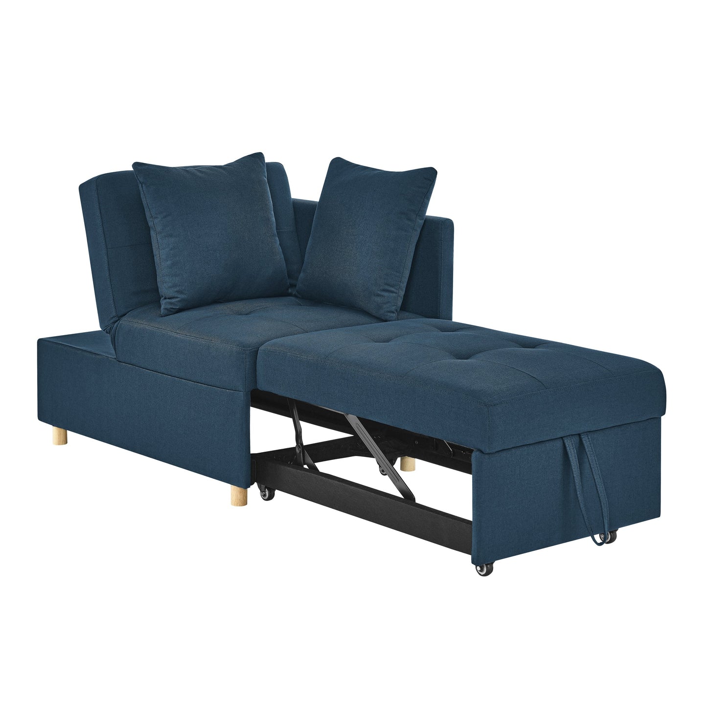 NEW Modern Blue Linen Fabric Convertible Sleeper Adjustable Backrest Couch Chair Recliner with Pullout Sofa Bed and Wheels