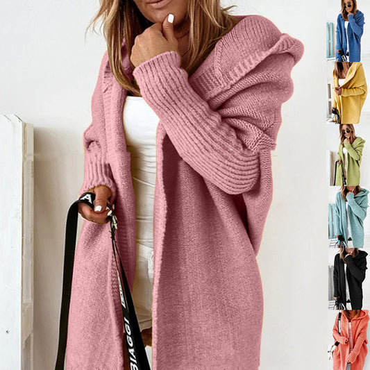 New Ins Knitted Hooded Cardigan Fashion Loose Solid Color Batwing Sleeve Sweater Autumn And Winter Women's Clothing
