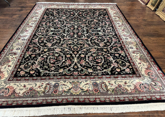 USED Black Pak Persian Rug 8x11, Floral Pattern, Hand Knotted Vintage Wool Rug with Silk Highlights, Fine 200 KPSI