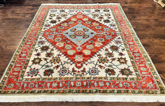 USED Indo Persian Heriz Rug 7x9, Geometric Pattern, Cream & Light Red, Handmade Vintage Wool Carpet