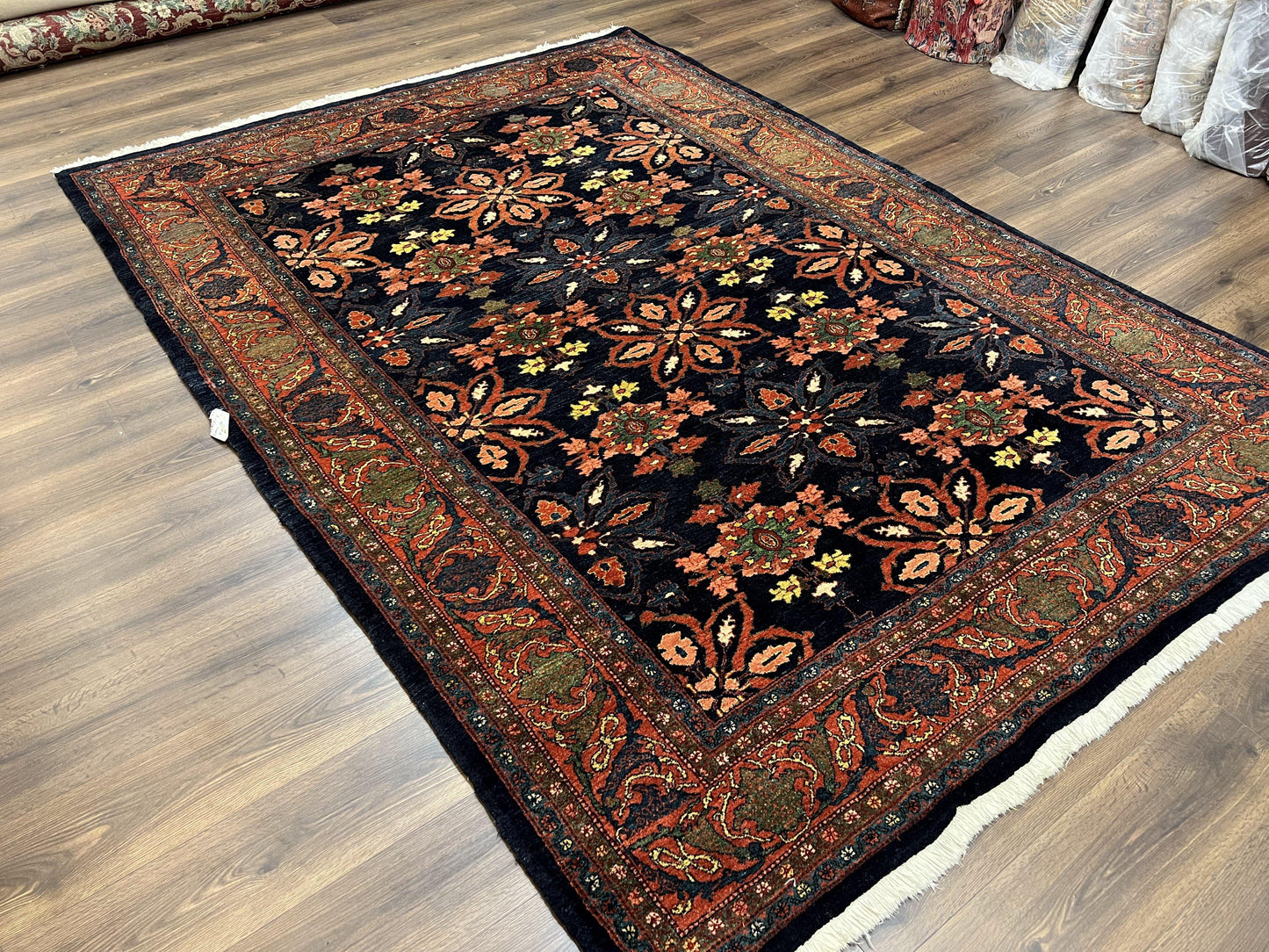 USED Wonderful Persian Rug 7x10, Navy Blue and Red, Allover Floral Pattern, Bidjar Carpet, Authentic Oriental Rug 7 x 10, Wool Hand Knotted Rug