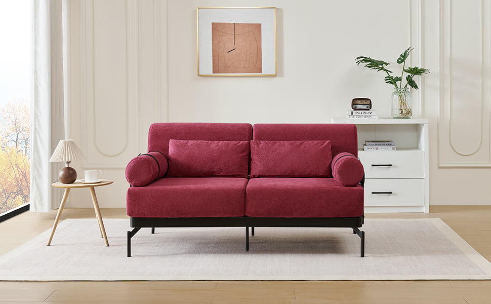 NEW Modern Red Chenille Loveseat 59' Sofa Couch 2-Seater with USB Ports Unique Cylindrical Armrests