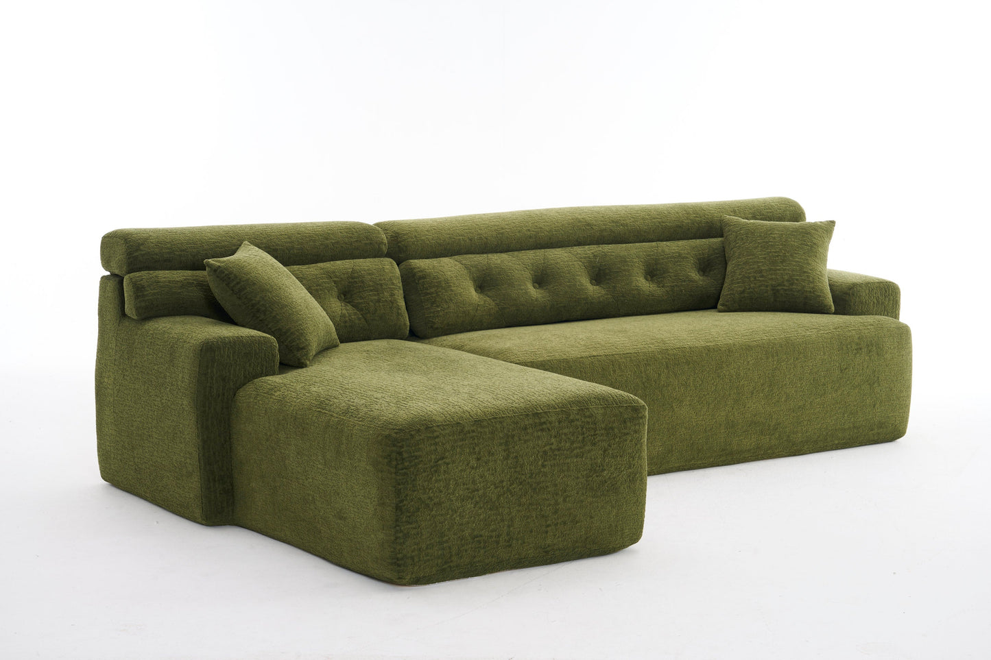NEW 105' Modula Compression Sponge L-Shaped, Chesterfield-Inspired Design, No-Assembly Chenille Couch, 30D High-Density for Living Room, Bedroom, Apartment.Green.