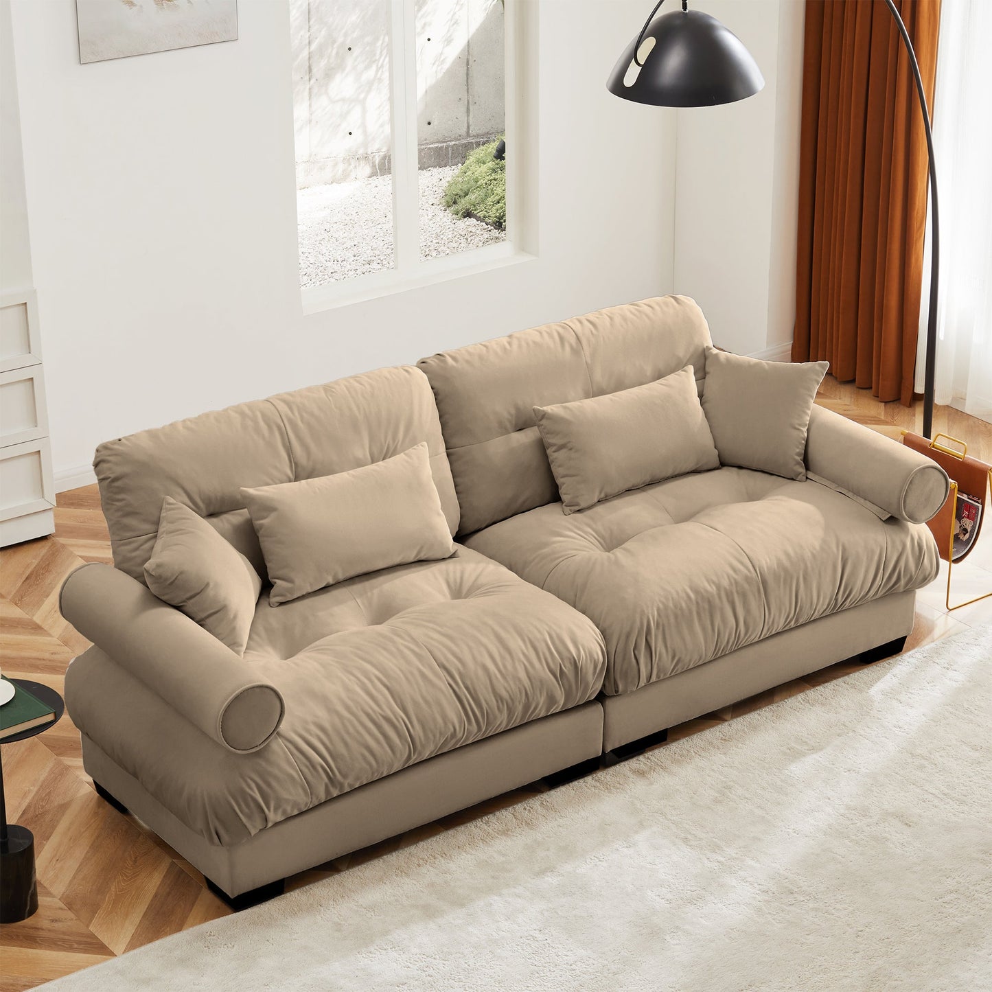 NEW Modern Camel Velvet Two-Seater Sofa with Bolstered Armrests and Pillows