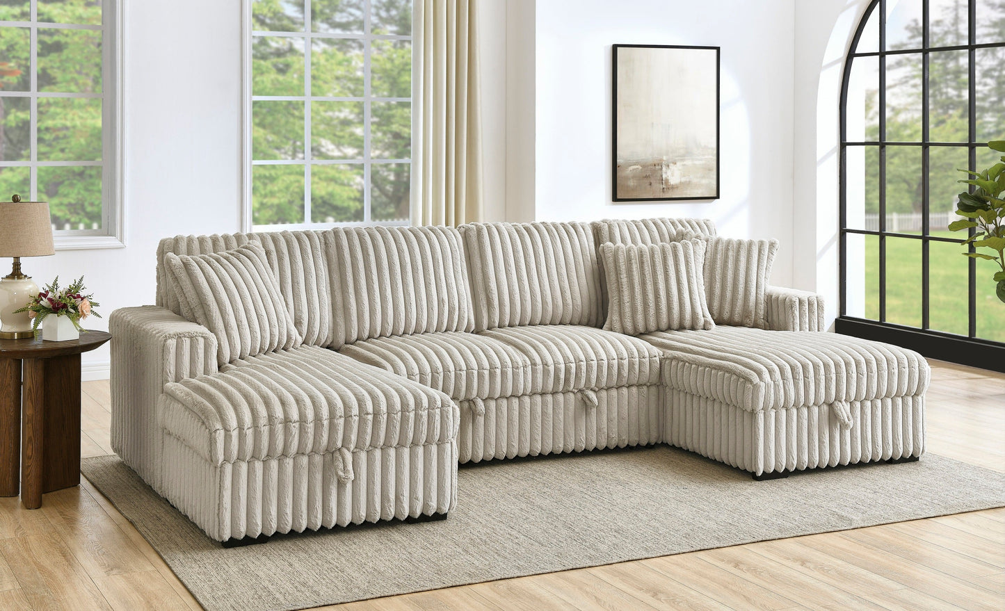 NEW 122 inch Rabbit Khaki Plush Corduroy Fabric Oversized U Shaped Sleeper Sofa 2 in 1 Pull Out Bed Sectional Sleeper Couch with Double Storage Chaise