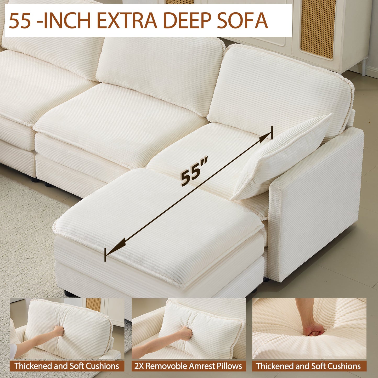 NEW 136' Plush Cloud 3-seater Sofa: Modular 4-seater Sofa + 2 Footstools with 22' Beige Chenille Cushions + 2 Throw Pillows - Compact Size for Apartment, Living Room, Bedroom (Beige)