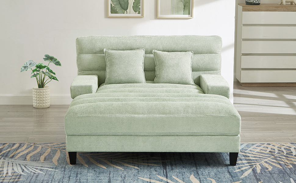 NEW Modern Chaise Lounge Sofa Bed with Adjustable Backrest and LED Light Strip, Green Chenille Upholstered, 57.1 Inches